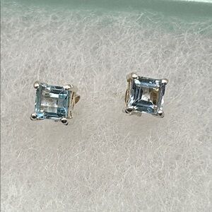 Blue Topaz Sterling 925 Silver Stud Earrings Women’s Square Cut Small